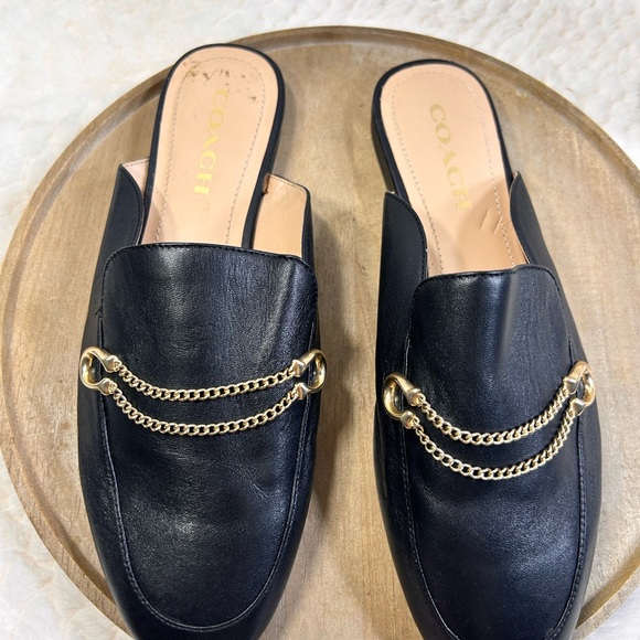 COACH Women's Sawyer Loafer Logo-Bit Mules Leather Black W/ Gold Chain.Sz 8 - Picture 4 of 7
